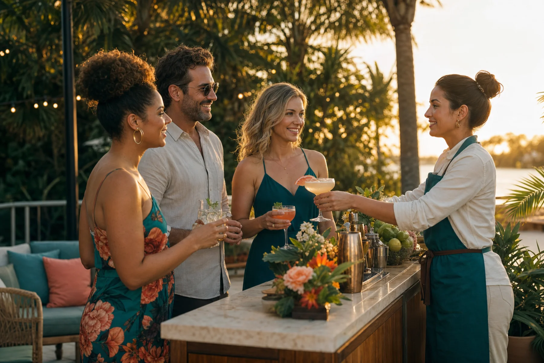 Bartender serving guests at an outdoor coastal celebration